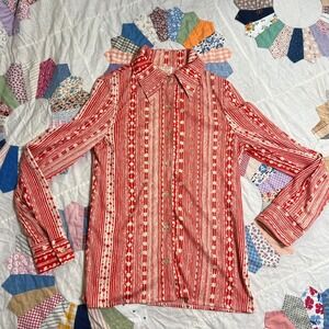 Vintage Center Stage Red Geometric Stripe Button Down Blouse with Tie 70s Disco